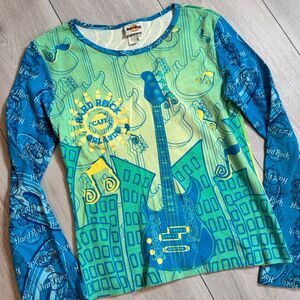 Y2K VTG RARE Hard Rock Cafe Flame Grunge Womens Medium Blue Graphic Long Sleeve